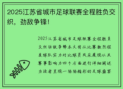 2025江苏省城市足球联赛全程胜负交织，劲敌争锋！